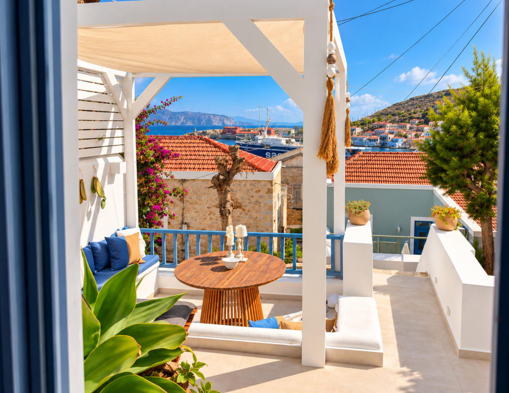 Patio di Anteli Luxury Villa con vista sul porto e sulle case di Chalki