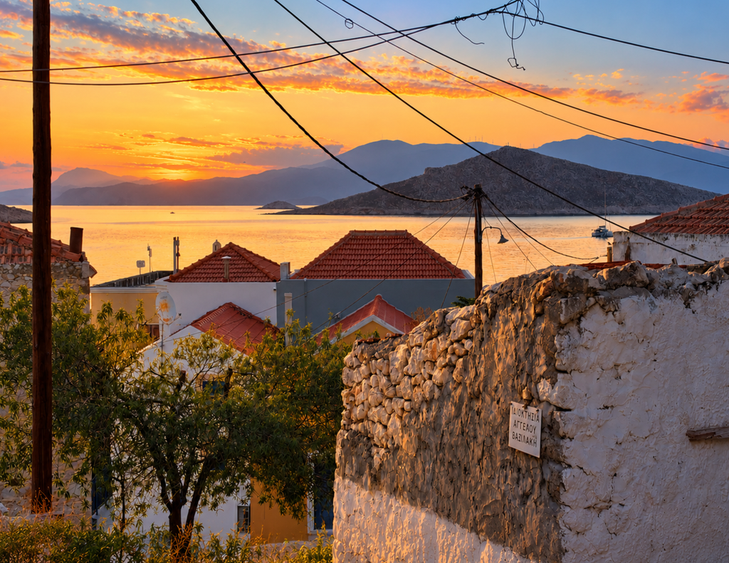 Alba dal balcone della camera da letto sul mare e sui tetti di Chalki da Anteli Luxury Villa