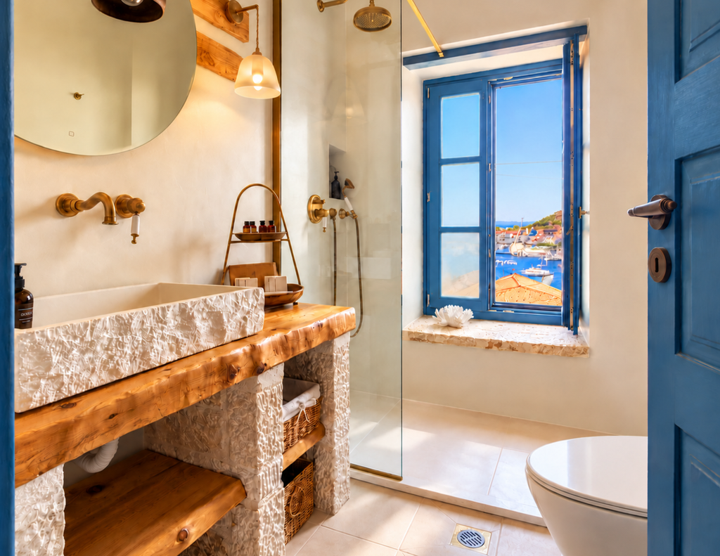 Bagno con doccia e finestra panoramica - Anteli Luxury Villa, Chalki