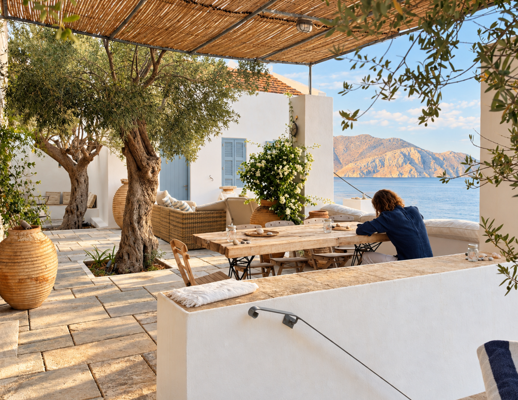 Terrazza di The Anchor House a Symi con grande tavolo in legno e vista mare