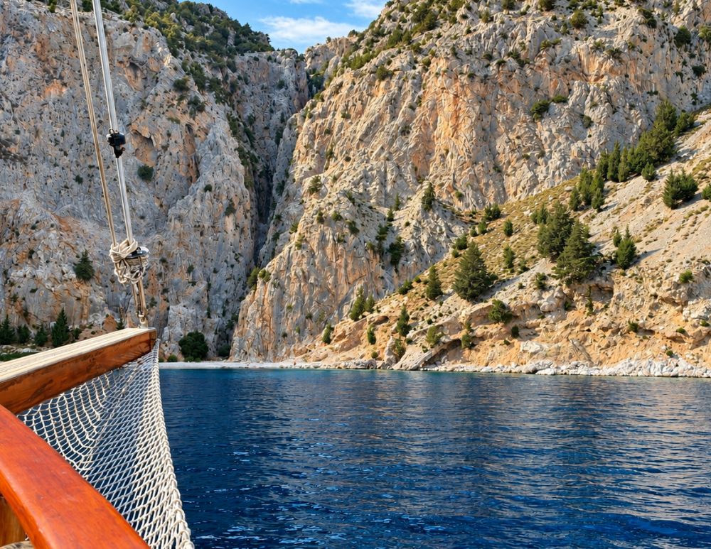 Panorama della costa rocciosa della baia di Agios Georgios visto dalla prua del Poseidon, durante l'escursione in barca a Symi