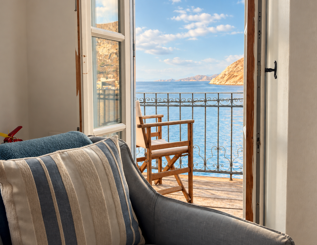 Balcone della Captain’s Room di The Anchor House affacciato sul mare di Symi