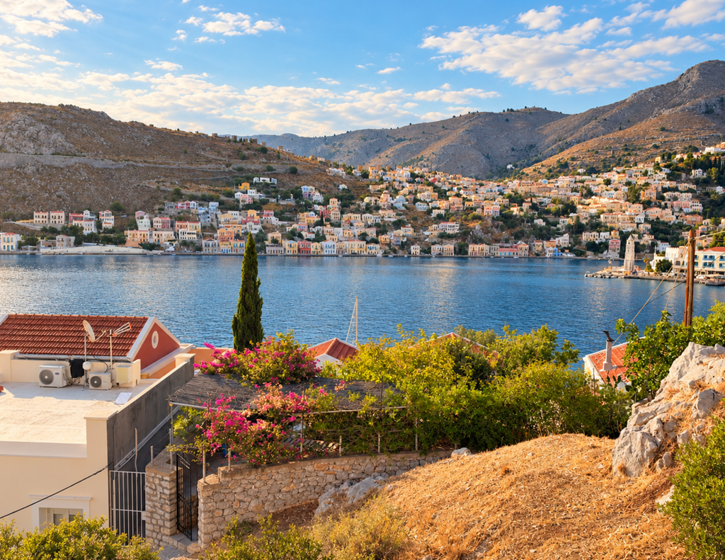 Vista dalla terrazza di The Anchor House sul porto di Symi con case neoclassiche colorate e chiesa sul promontorio