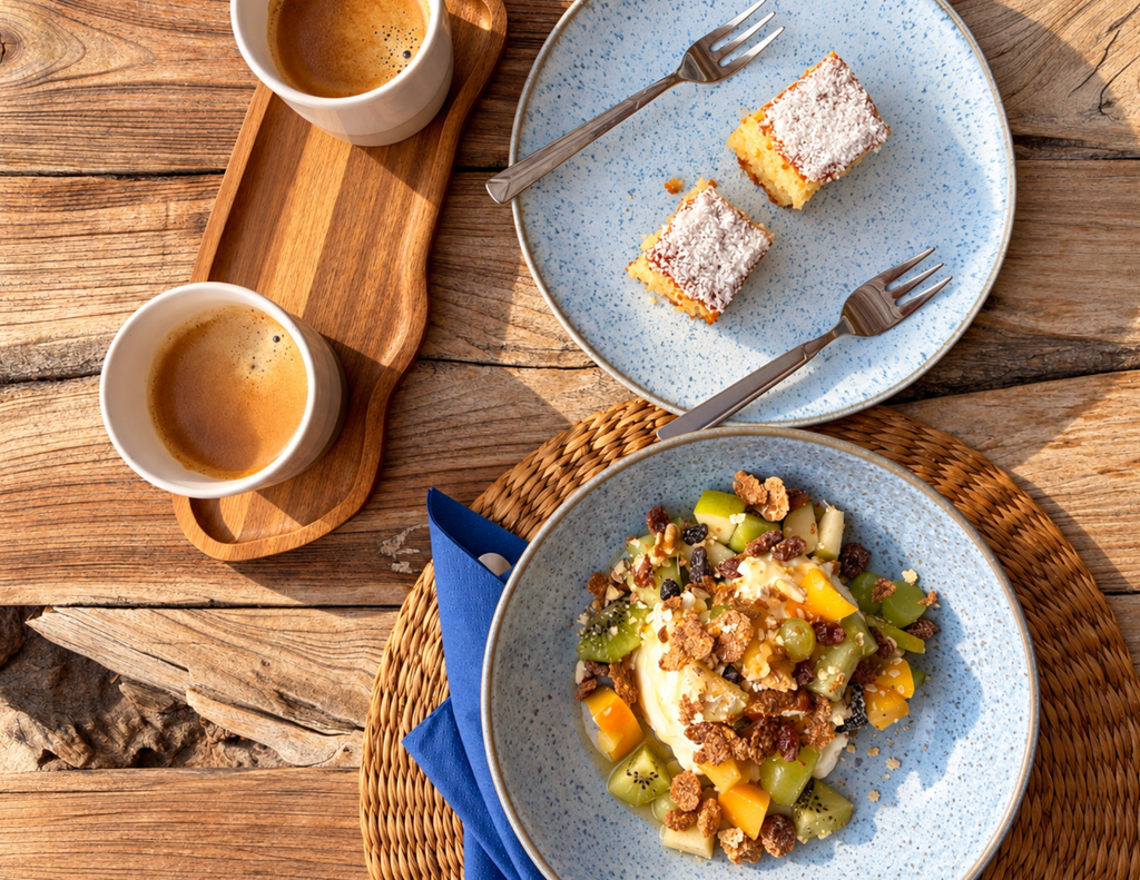 Colazione servita a The Anchor House a Symi con caffè, torta al cocco e yogurt greco con frutta fresca