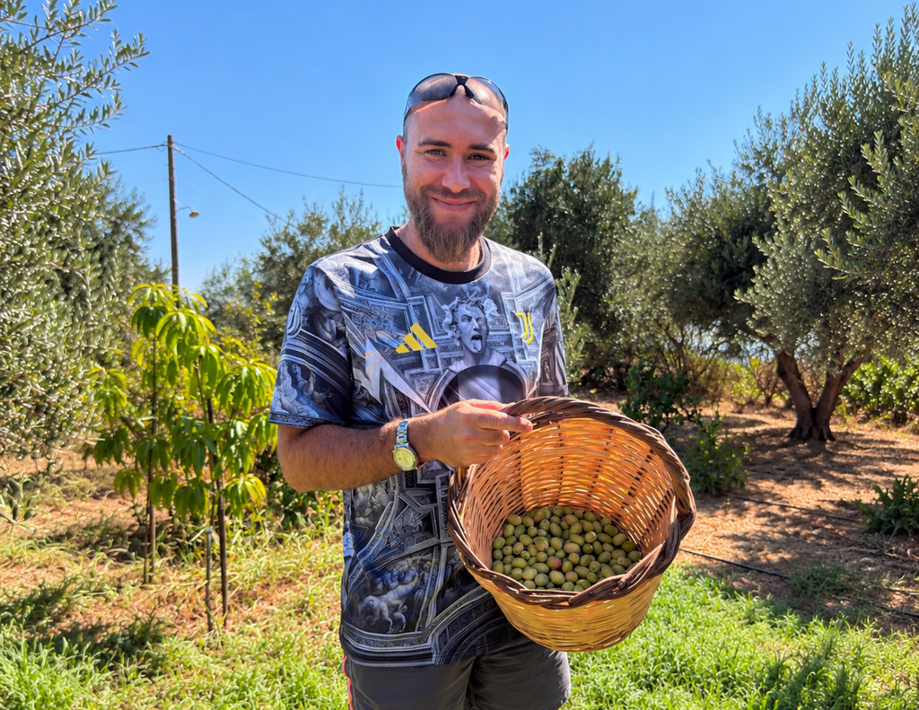 Esperienze uniche da fare a Rodi - Myke felice dopo la raccolta delle olive