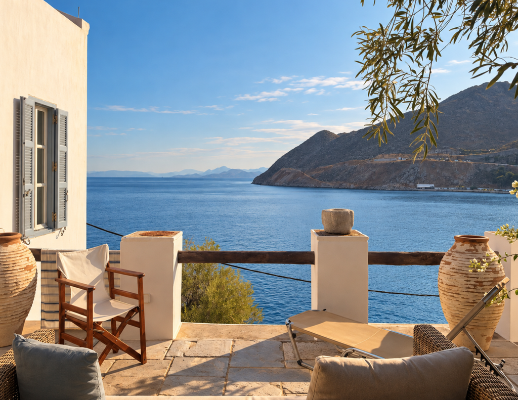 Dove dormire a Symi - terrazza panoramica di The Anchor House con vista sul mare e sulle montagne